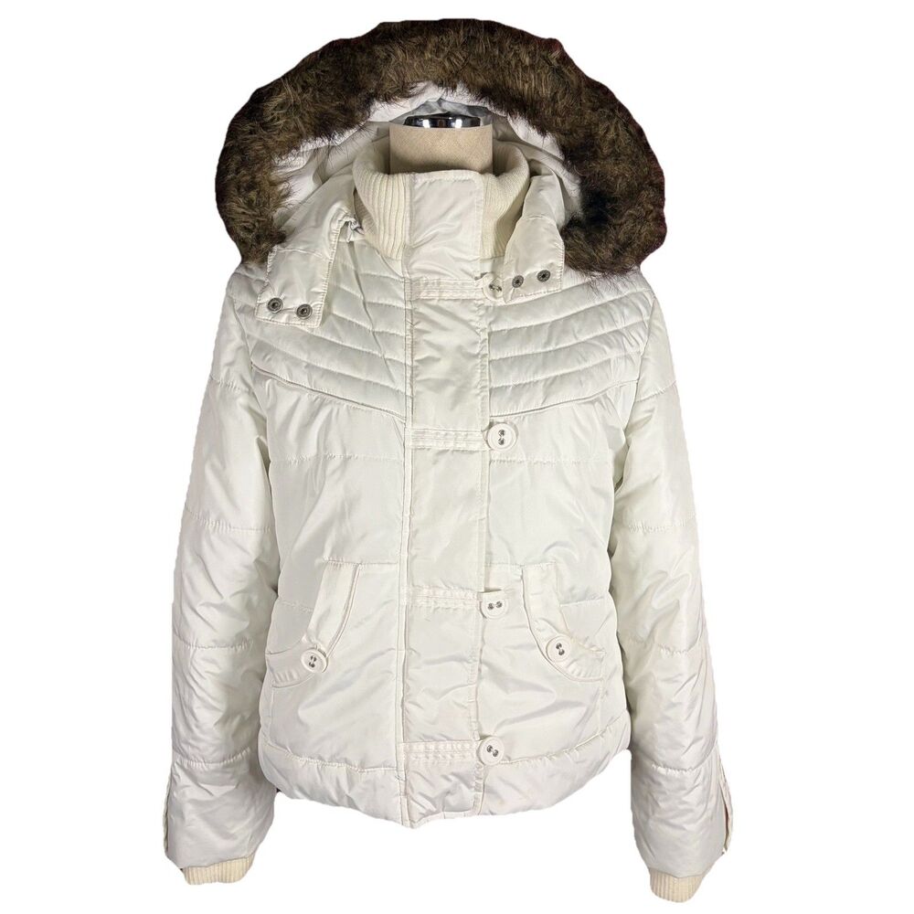 Dollhouse White Puffer Jacket Coat With Brown Faux Fur Good Women’s Size Large